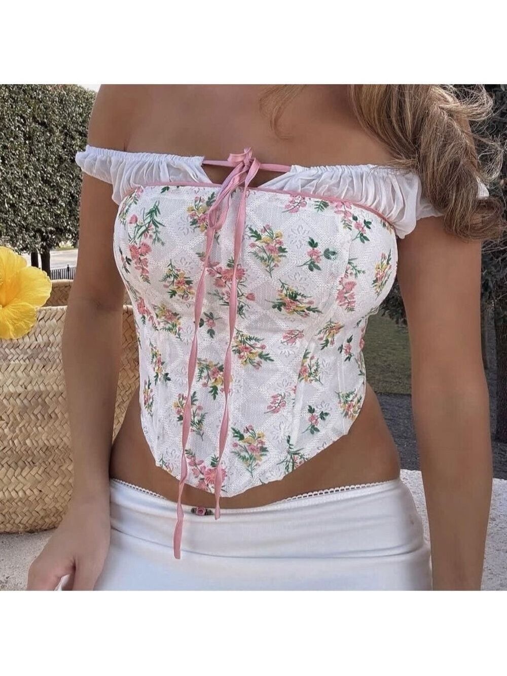 Fashion Nova Corset Top Extra Small XS White Pink Floral Boho Coquette Feminine